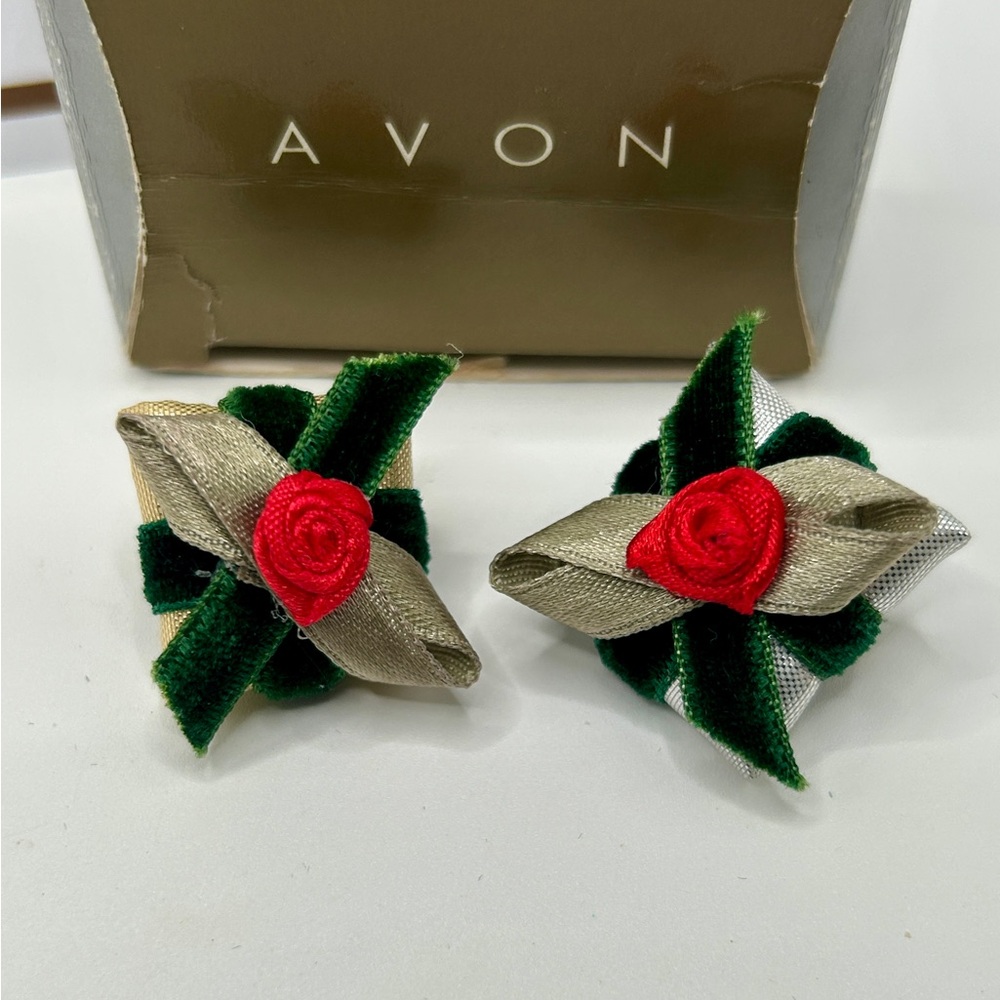 Avon 2 Gold, Silver Red Floral Xmas Package Pins Brooches
